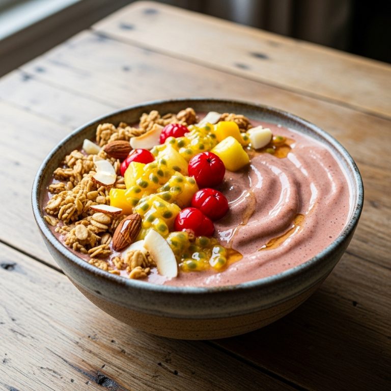 Brazilian Gluten-Free Guaraná Smoothie Bowl with Tropical Fruit Salsa & Coconut-Almond Granola